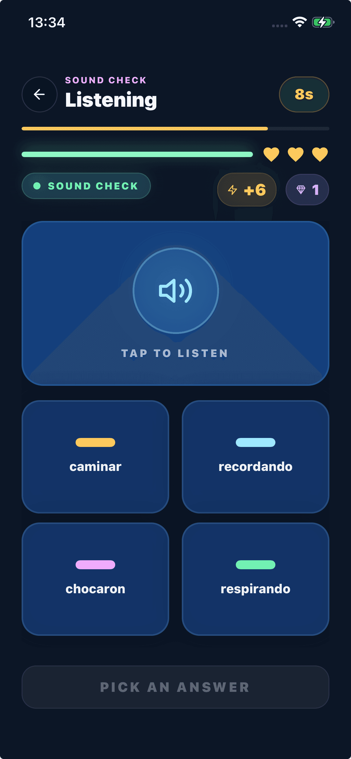 Listening practice mode with audio prompt and multiple-choice answers