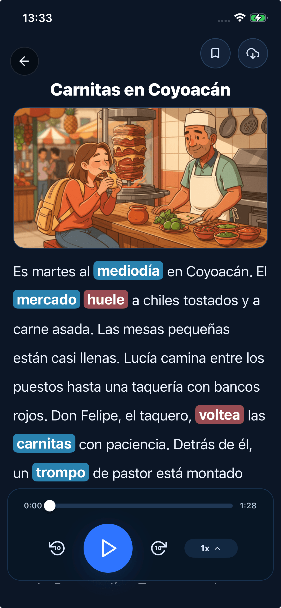 Story reader with vocabulary words highlighted and audio playback